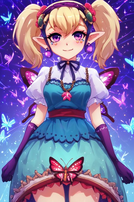 score_9, score_8_up, score_8, medium breasts, (curvy), cute, eyelashes,       BREAK, , <lora:Agitha_Zelda_PDXL:0.8>,  zzAgitha, purple eyes, blonde hair, twintails, pointy ears, jewelry, earrings, gloves, dress, butterfly wings, , BREAK, (warm colors), smile, looking at viewer, cowboy shot, embedding:zPDXL, Expressiveh, <lora:PrismaIllya_PDXL_v3:1.0>,  <lora:SDXLFaeTastic2400:0.5>,  <lora:Expressive_H-000001:0.4>,