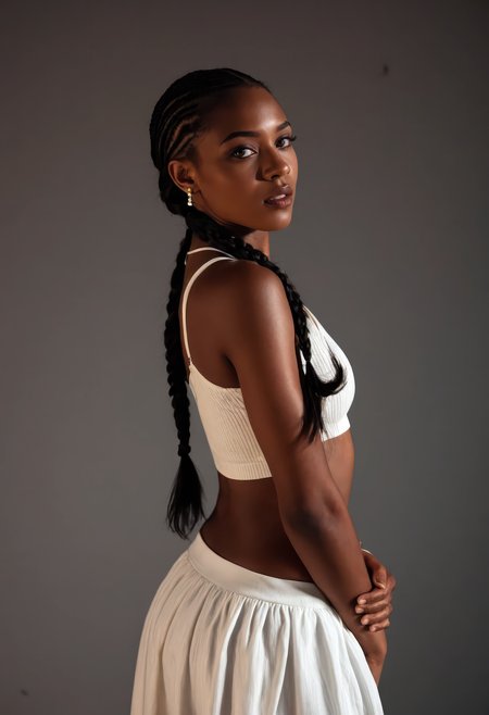 sdxl_lenruadi, cinematic photo, wearing a white crop top with high-waist skirt, perfect box braid hair, under moonlit glow, stylized fashion noir with a mysterious, sensual vibe