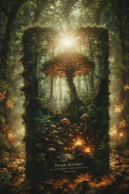 Dark forest with glowing mushroom paths (merging:1.2) into a mtg card , Exquisite detail, diffuse-back-lighting, award-winning photograph, small-catchlight, High-sharpness, 8k dark chiaroscuro Light Painting, white mtg card, white green
 double exposure,
settings by aidigitalmediaagency
 <lora:MTG-CardsXL:1> mtg