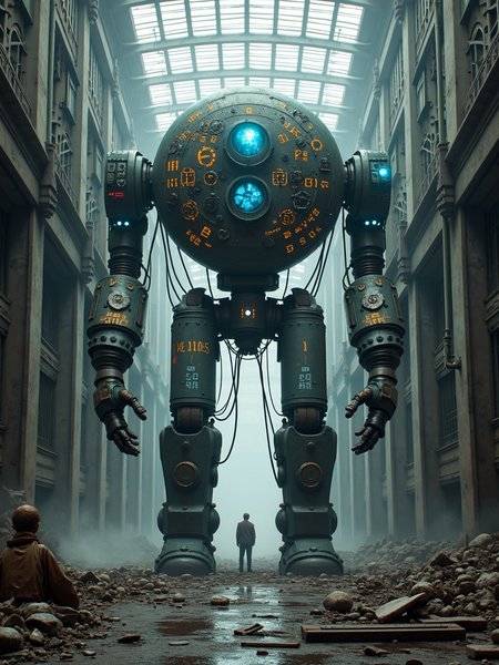 In an abandoned factory, there stands a huge mechanical creature. This creature is composed of countless metal parts and cables. Its body is tall and majestic, like a mountain forged by steel. The head of the mechanical creature is a huge round sphere. On the sphere, countless indicator lights and screens are flashing. The screens display complex codes and data. Its eyes are two balls of burning blue flames. It seems that there is endless power in the flames. The body of the mechanical creature is covered with a thick layer of armor. On the armor are engraved mysterious patterns and symbols. These patterns and symbols are flashing with golden light, as if telling the legendary story of this mechanical creature. At the feet of the mechanical creature is a broken metal ground. On the ground are scattered various parts and tools. The air is filled with the smell of oil and metal. The whole picture is filled with a sense of technology and futurism, as if it is a masterpiece from the science fiction world.