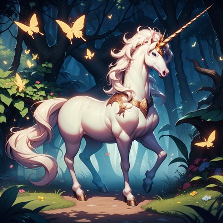 unicorn, <lora:unicorn-40:0.9> best quality, high quality, highres,enchanted  forest, god rays, shadows, butterfly