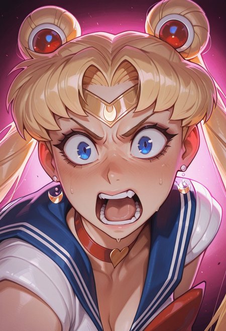 masterpiece, best quality, newest, absurdres, highres, dark lighting, pixelsketcher, fisheye view.
sailor moon, blonde hair, blue eyes, open mouth, aggressive, surprised, angry. 
pink background