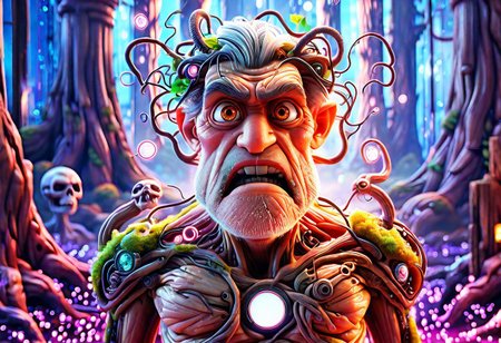 angry old man,cybernetic style Ultimate fusion of technology and allure, Cosmic Cyber Warrior. Embodying the creative genius of Jovana Rikalo, Brandon Woelfel, and Ross Tran, spectacular cosmic landscapes fraught with otherworldly conflict. Shimmering cables course beneath her translucent epidermis, connecting to powerful vertebrae that support a resplendent skull adorned with cascading neon undercut locks. Mysterious constellations twinkle ominously overhead, casting eerie shadows on the ground below. This masterpiece encapsulates the quintessential essence of science fiction, presenting a highly detailed exploration of extraterrestrial themes guaranteed to captivate audiences worldwide. . futuristic, technological, cybernetic enhancements, robotics, artificial intelligence themes,  8k picsmade of ral-mythfrst <lora:ral-mytfrst:1>