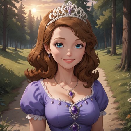 score_9, score_8, BREAK, solo, Sofia_The_First, 1girl, brown hair, blue eyes, purple dress, long dress, tiara, necklace, sandals, tall, adult female, mature female, big breasts, self portrait, smile, looking at viewer, outdoors, sunlight, shadows, evening lighting, natural lighting, forest, trees, grass, orange sky, sunset