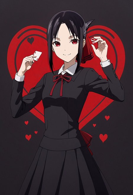 kaguya, bangs, black hair, red eyes, sidelocks, shinomiya kaguya, folded ponytail, parted bangs, hair ribbon, ribbon, red ribbon, dress, black dress, school uniform, shuuchiin academy school uniform, best quality, masterpiece, original, extremely detailed wallpaper, mystical fog, (looking at viewer), 1girl, solo, poker card, red hearts, FFCB, Anime, Simple Anime, (hearts on background, card on hand, black background, smile, red aura), dominant pose