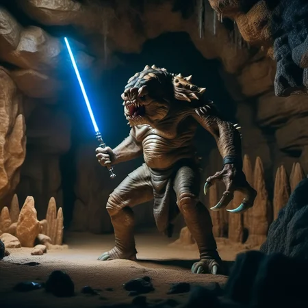 cinematic photo a full body portrait monster, claws, sharp teeth, cave, chains, a jedi with an energy saber  <lora:Rancor1024:0.8> . 35mm photograph, film, bokeh, professional, 4k, highly detailed