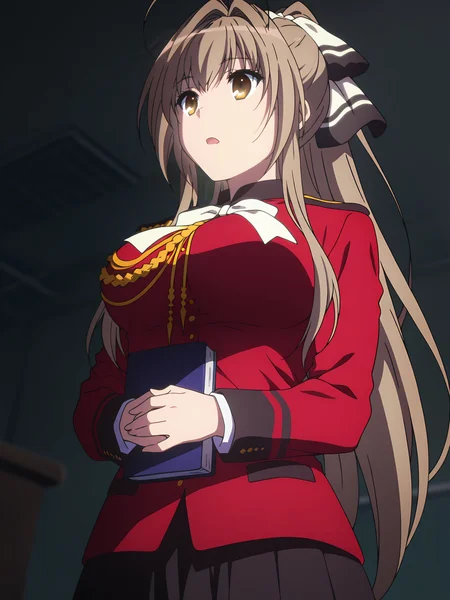 <lora:Isuzu_Sento:0.8>, sento isuzu, 1girl, solo, brown eyes, long brown hair, antenna hair, ponytail, hair ribbon, military uniform, red jacket, white bowtie, epaulettes, aiguillette, frilled skirt, confused, open mouth, :o, standing, own hands together, holding book, upper body, looking ahead, from below, indoors, blurry background, dark, sidelighting