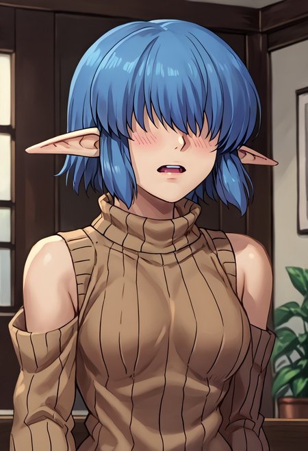 score_9, score_8_up, score_7_up, score_6_up, score_5_up, score_4_up, BREAK <lora:kinoe1112-sdxl-000018:1>, kinoe-san \(kawajuu\), 1girl, solo, breasts, blush, short hair, sidelocks, hair over eyes, g, blue hair,, :d, upper teeth only, elf, pointy ears, sweater, brown sweater, arms behind back, turtleneck, ribbed sweater, , indoors, television, shoulder cutout, blurry background, upper body, portrait,