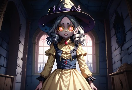 packetstyle, indoors, solo in a dark mansion, girl wearing a dress and hat with glowing eyes, tears, long white curly hair, glowing eyes, yellow sclera