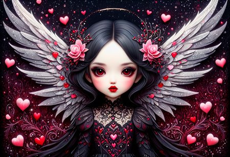 beautiful hyper detailed ultra realistic hyper detailed beautiful dark chibi fairy, shadow woman red lips graphic, dark intricate wings on back, in the style of Charlie Bowater, nicoletta ceccoli , dark  Whimsical, Detailed Fantasy, black lace Background pattern with tiny  3d red and pink hearts, Glitter, White Thorns, Muted Colors, Explosion, Intricate Extremely Detailed, Hyperdetailed, style of monica lee, Hgonzag, Camilla d'Errico Diego Gisbert,Winter wonder land art art, Masterpiece, trending on artstation, featured on pixiv, cinematic composition, 8K