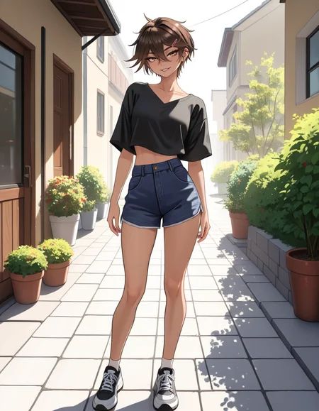 masterpiece, best quality, very aesthetic, absurdres,
outdoors, casual, 
full body, standing, posing, 
 seductive smile, parted lips, long eyelashes,
<lora:Sasha_v01_NAIXL:1>
S4sh4,1girl,solo,tomboy,short hair,brown hair,hairclip,hair between eyes,brown hair,bangs,