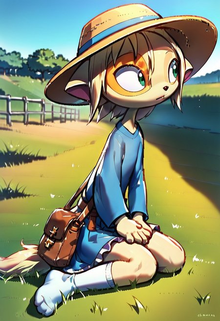 <lora:Paige_v2_r1:0.8>,
score_9,score_8_up,score_7_up,paige,
1girl,solo,furry,
 hair slicked back,     
 dutch angle, sitting, looking afar, hands on own thighs, own hands together,         
BREAK                   Fedora Hat, Frill Hem Dress, Shoulder Cross Bag, High Knee Socks, savana, yellow grass land, field,      
BREAK general,  (doribae:0.85),  (chikafumikou:0.55),   very awa, masterpiece, best quality, absurdres, highres, newest,