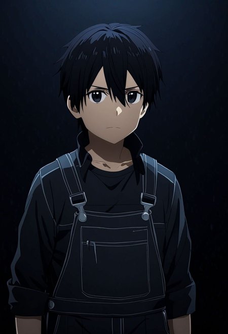 high resolution, professional photography, best quality, 1Boy, Kirigaya Kazuto, Black Hair, Black Eyes, overalldetail, cool, Mysterious black background, Movie lighting, a sense of atmosphere