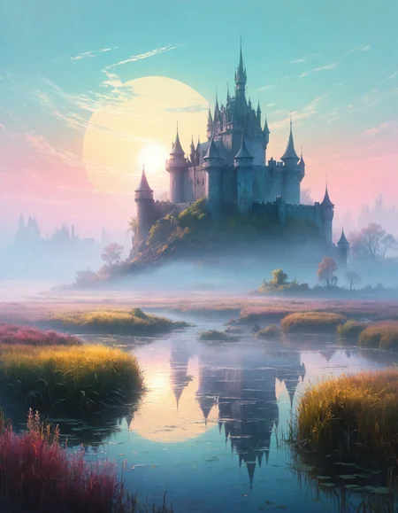digital art, landscape of a Mistveil Castle of the Foggy Marshlands and Cyberpunk skyline, stylized by Jakub RÃ³Å¼alski, Detailed illustration, natural lighting, Pastel Colors, fine polished, original, magic atmosphere, sunny, intricate artistic color, beautiful composition, complex artistic color composition