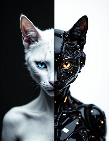 Anthropomorphic cat with sleek, futuristic features, half of its face appearing organic with smooth fur and expressive feline eyes, while the other half is exposed as a robotic structure with intricate gears, circuits, and glowing elements. The left side is covered in soft gray fur, and the right side reveals shiny black and silver mechanical parts. The background is split into two contrasting colors: deep black on the left and bright white on the right, emphasizing the duality of organic and synthetic. The cat has a calm and serene expression, symbolizing harmony between nature and technology. Highly detailed, minimalist style, 8K resolution, cinematic lighting,  <lora:aidmaFLuxPro1.1_v0.3:0.7> aidmafluxpro1.1,  <lora:Hocus Pocus:1>
