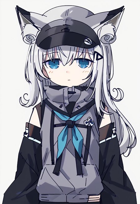 score_9, score_8_up, score_7_up,  n102nikke, blue eyes, grey hair, long hair, fake animal ears,, grey jacket, long sleeves, black shorts, bike shorts,ears through headwear, kawakaze, blue eyes, white hair, long hair, fox ears, fox tail 
Upper body,fox ears,fox tail nontraditional miko, japanese clothes, wide sleeves, ribbon-trimmed sleeves, detached sleeves, black gloves, black serafuku, blue neckerchief, black skirt, pleated skirt, thighhighs