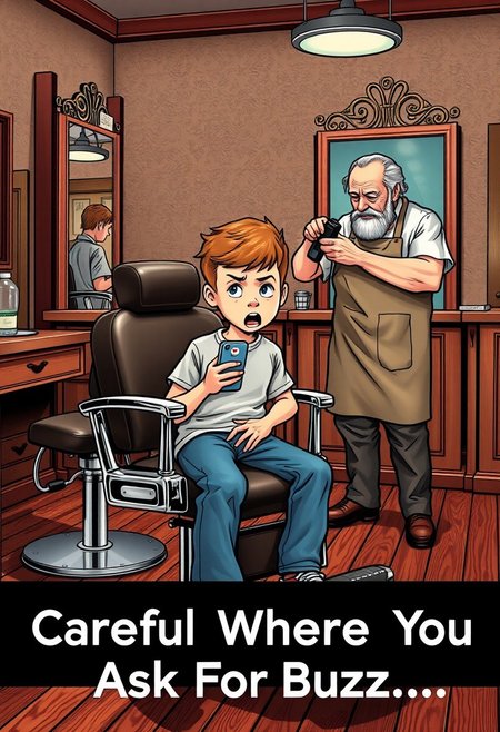 Classic comic strip style, cowboy shot, in an old fashioned barbershop with a chrome and black leather chairs, big mirrors and dark mahogany hardwood floors and walls. 
1 boy, is sitting a the chair in front of the old man, the boy is wearing wearing a T-shirt and blue jeans, holding a cellphone, the cellphone has the CivitAI logo on it. The boy is horrified as the barber has started giving him a buzzcut, eyes wide open in shock, mouth open to yell, afraid. 
1 old barber is standing next to the boy, bored expression on his face, wearing an apron, cutting  the top of the boy's hair off with electric clippers.
A title is runs across the bottom of the image reading "Careful Where You Ask For Buzz..."