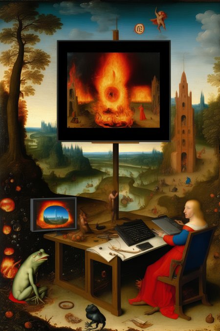 <lora:Jan Brueghel Style:1>Jan Brueghel Style - large computer screen front and center with a blue circle on fire with the letter c in the middle, background is landscape renaissance painting, pepe the frog, pepe meme, renaissance painting of the hanging gardens of babylon, religious symmetry pepe-frogs, dark style of Jan Van Eyck, classical art, fine art, oil painting, Jan Van Eyck style