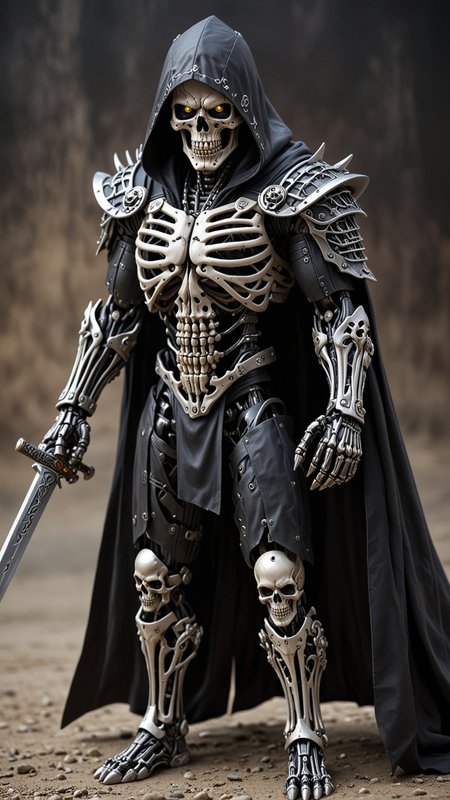 (masterpiece:1.2), best quality, high resolution, perfect lighting, extremely detailed, (Terminator assasin), battle scared white and black carbon armor, Wearing a dark cloak with hood, skull face just visable under hood, full_armor, humanoid, Metal Human skull head, (extreme detailed micro mechcanical scary Metal human skull design). Samurai sword shinning silver, Runes decorative embossments over his cloak, slim muscular body fast agile and stealthy,  <lora:Hired_Cyborg_Assasin_XL_-_By_DICE:0.5>