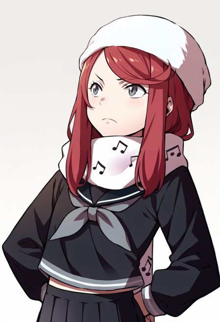 score_9, score_8_up, score_7_up, source_anime, BREAK solo, 1girl, <lora:zs_AwakeningPortraitsXL:1>, awakeningportraits, portraits, white background, <lora:Airiban-pdxl_Fp:1>, airiban, red hair, grey eyes, long hair, white beanie, school uniform, black serafuku, scarf, musical note print, skirt,