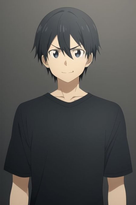 high resolution, professional photography, best quality, 1Boy, Kazuto Kirigaya, Black Hair, Black Eyes, dark t-shirt, ID Photo Style, looking at viewer, focused gaze forward, plain background, straight body, head upright, angry, smile,