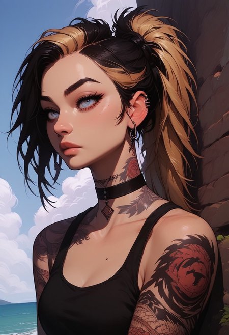 Score_9, Score8_up, Score_7_up, (((High Resolution, Best Quality))), 
1girl, solo, Covered in Tattoos, her hand on her head, brushing hair behind ear, black hair, blonde streak in hair, 
Tanktop, cutoff, choker, 
On a Cliff overlooking a beach, Cloudy Sky,