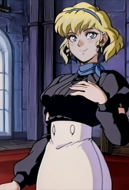 masterpiece, best quality, solo, looking at viewer, 1girl, smile, <lora:FeOVA_GLoRA-illus_Fp:1>, retro artstyle,  <lora:feconstance-illu-nvwls-v1:1>, dfCon, multicolored hair, blonde hair, blue hair, short hair, blue eyes, blue hairband, earrings, black sleeves, black shirt, puffy sleeves, white skirt, high-waist skirt, indoors, hand on own chest,