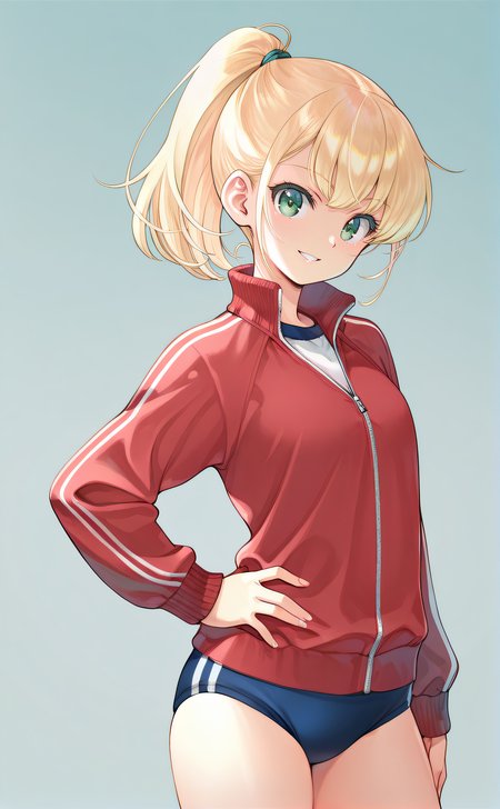 masterpiece, best quality, 1girl, solo, original artstyle, official artstyle, <lora:KEI_Style:1>, kei, blonde hair, green eyes, ponytail, gym uniform, blue buruma, red track jacket, hand on hip, looking at viewer, smile, simple background, cowboy shot, parted lips