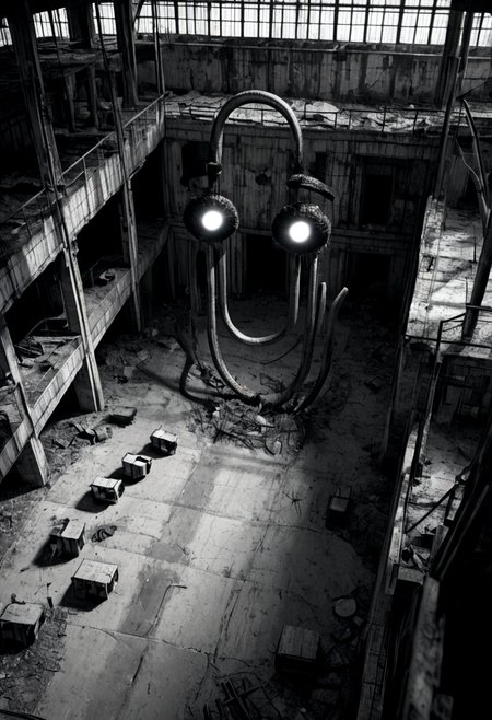 score_9, score_8_up, score_7_up, horrorcctvlora, monochrome, abandoned building, cl1ppy, pokemon (creature), greyscale, dark, glowing eyes, bird view
