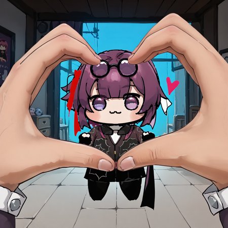 score_9, score_8_up, score_7_up BREAK solo, heart hands, pov, pov hands, KafkaHSR, purple hair, sidelocks, short ponytail, purple eyes, empty eyes, pince-nez, eyewear on head, purple hair, medium hair, sidelocks, short ponytail, purple eyes, doro, creature, chibi, :3, no humans, solid circle eyes, no pupils, white skin  <lora:kafkahsr-ponyxl-bshi-v1:1> <lora:Doro_X_PDXL_V1:1> <lora:POVHeartHands_XLPD:1>