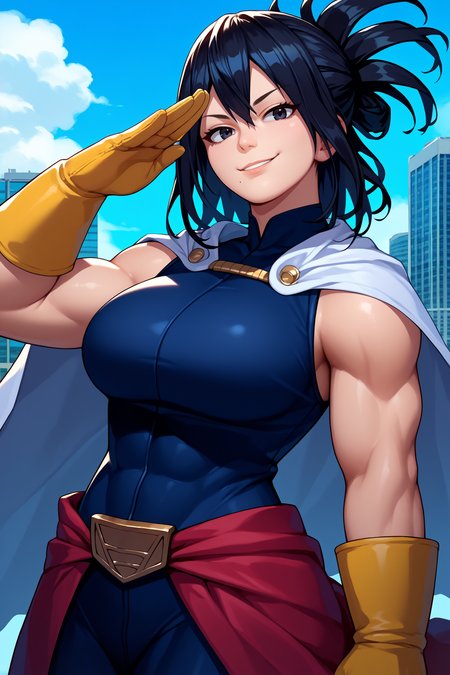 score_9, score_8_up, score_7_up, score_6_up, source_anime, 1girl, solo  <lora:shimuranana-pdxl-nvwls-v1-000005:1> nshimura, black hair, folded ponytail, black eyes, mole under mouth, black bodysuit, sleeveless, white cape, yellow gloves, belt, looking at you, upper body, portrait, large breasts, city, blue sky, smirk, salute, toned