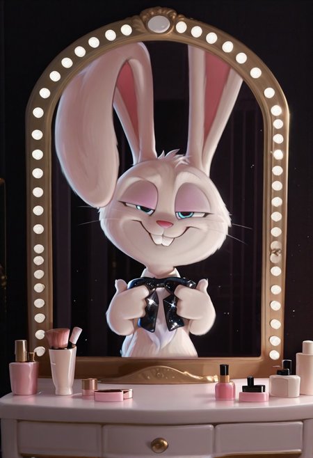 masterpiece, amazing quality, absurdres, ultra-detailed, detailed fluffy fur, no humans, furry male, solo, short, alec_azam, 1boy, white fur, blue eyes, whiskers, buck teeth, grin, teeth, rabbit tail, long ears, (droopy ears:1.1), unaligned ears, smug, half-closed eyes, eyelids, oversized bowtie, black bowtie, sequined bowtie, glitter bowtie, detached collar, adjusting bowtie, hands up, head tilt, fluffy, body fur, fewer digits, 4 fingers, looking at viewer, big head, upper body, 
BREAK
looking at mirror, indoors, vanity table, cosmetics, hollywood mirror, mirror lights, cosmetics, shadow, light particles, detailed shading, WaiIL25PosC
