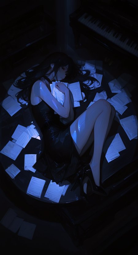 masterpiece, best quality, good quality, very aesthetic, absurdres, newest, 1girl, solo, long hair, looking at viewer, black hair, bare shoulders, full body, lying, shoes, sleeveless, choker, on back, black footwear, black dress, high heels, bare legs, from above, table, paper, realistic, piano, black theme, self hug, spotlight,moonlight, <lora:ponyv5_noobV065S_1_adamW-000013:0.7> <lora:USNR_STYLE_XL_lokr:0.45> <lora:GBF_Illustrious:0.4> <lora:748cmSDXL:0.8>