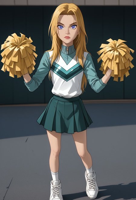score_9, score_8_up, score_7_up, source_cartoon, highly detailed, intricate detail, high quality, HD, 8k, award-winning, masterpiece, (full body), ((2d)), ((cartoon)),
((standing in a sports ground, cheerleading)), diffuse lighting, ((perfect face, detailed face)),
((portrait photo)),
1girl, solo, ((female focus)),
((spectspmansallyavril, blue eyes, blond hair, long hair, parted hair, cheerleader uniform, shirt, skirt, short skirt, sneakers)),