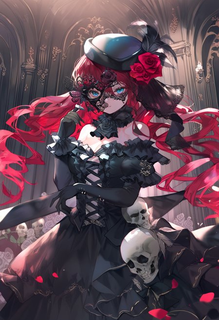 score_9, score_8_up, score_7_up, score_6_up, <lora:oninekoXL_TPN55_lokr_V43P1:0.95>   1girl, dress, long hair, rose, mask, gloves, hat, flower, red hair, black dress, black gloves, breasts, looking at viewer, elbow gloves, black headwear, ascot, cleavage, bare shoulders, frills, skeleton, red rose, veil, red flower, skull, jewelry, petals, hat flower, hat feather, off shoulder, long sleeves, off-shoulder dress, white ascot, solo, black rose, white rose, medium breaststa fashion, frilled dress, white flower, very long hair, black flower, indoors, hair ornament, standing, holding, feathers, blue eyes, gem, hair flower, jacket