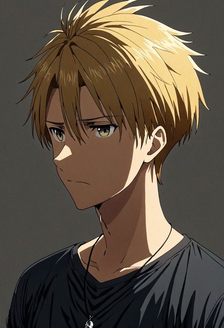 high resolution, solo, best quality, 1Boy, Yamato Ishida, Blond Hair, Necklace, potrait, dark shirt, looking at viewer, focused gaze forward, simple background, straight body, upper body, head upright, shy, OverallDetail