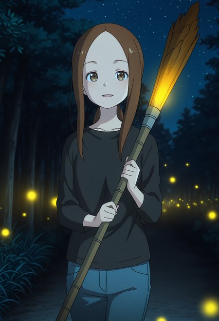 anime screencap, masterpiece, best quality,
<lora:KarakaiJouzuNoTakagi-San_Takagi(Adult)_IlluXL:0.9>,
1girl, solo, light smile, open mouth,
low ponytail, parted bangs, forehead, long hair, brown hair, brown eyes,
black shirt, long sleeves, jeans, denim,
holding, torch,
walking, looking at viewer, cowboy shot,
outdoors, scenery, forest, fireflies, night, night sky, starry sky, photo background, blurry background