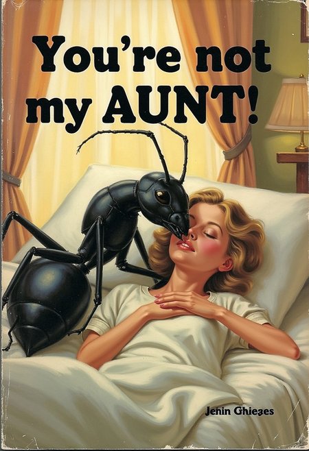 Book cover: "You're not my AUNT!". A giant ant cuddling in bed with a woman.
rmcebkCE style