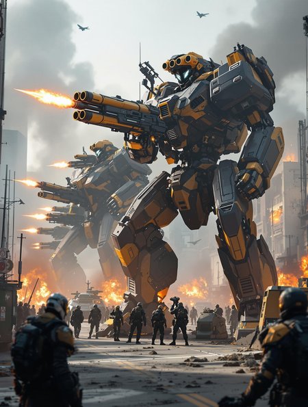 intricately detailed digital image, absurdres, HD32K 8K,  an army of giant black and yellow mechas, robots, equipped with rocket launchers and gatling guns, aiming at viewer, firing rockets, , great lighting, BREAK on sci-fi futuristic city street, surrounded by soldiers in sci-fi futuristic body armor, size difference, smoke, explosions, ruins, armored vehicles, military aircraft