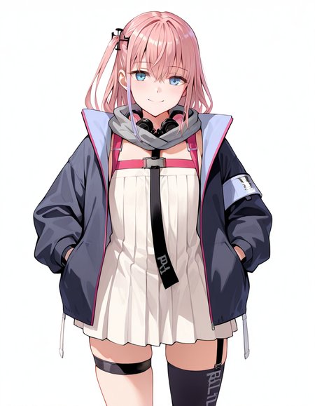 Volumetric Lighting, (masterpiece), (best quality), (ultra-detailed), masterpiece, source_anime, score_9, score_8_up, score_7_up BREAK, illustration, disheveled hair, detailed eyes, perfect composition, moist skin, intricate details BREAK, AR15, pink hair, blue eyes, long hair, one side up,streaked hair BREAK, AR15def, def_dress, def_scarf, def_collar, def_necktie, def_chest_strap, def_thigh_strap, right thigh strap, def_thighhigh,left thighhigh, single thighhigh, mismatched legwear,def_jacket, AR15_hair_ornament, open jacket, one side up, def_fingerless_gloves BREAK, ((white background)), looking at viewer,smile