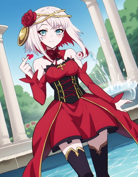 score_9, score_8_up, score_7_up, source_anime, <lora:taktop-destiny-s1-ponyxl-lora-nochekaiser:1>, destiny, blue eyes, short hair, hair ornament, flower, white hair, red hair, multicolored hair, hair flower, rose, colored skin, facial mark, red flower, red rose, thorns, medium breasts,, thighhighs, dress, bare shoulders, detached sleeves, black thighhighs, zettai ryouiki, strapless, detached collar, red dress, corset, red sleeves,, fountain, water, spray, sculpture, garden, smile, <lora:finger-heart-ponyxl-lora-nochekaiser:1>, finger heart, heart, blush, smile,, looking at viewer, solo,, dutch angle, cowboy shot