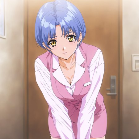 masterpiece,1girl,solo,looking at viewer,<lora:Momoko_Shiraishi ag4o v1:1> momoko_shiraishi, blue hair, short hair, yellow eyes,pink suit,pencil skirt,