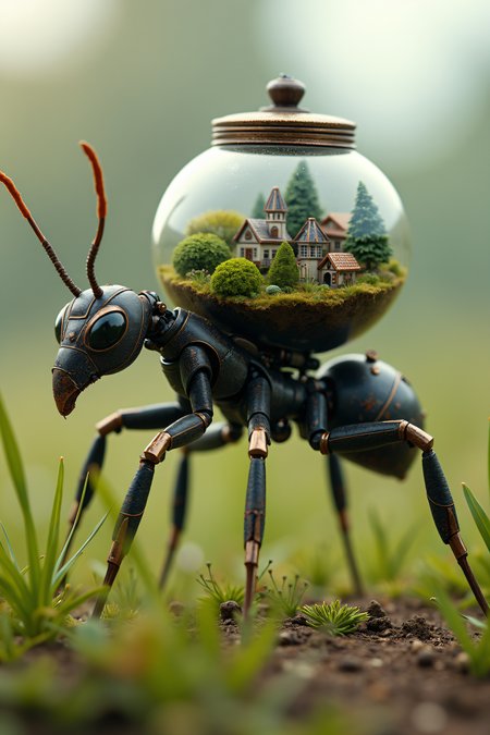 national geographic  photography of an ant, he transport a glass terrarium with a miniture city on his back, realistic, mechanical vegetal cyborg, futuristic robot organisms, steampunk robot ant, steampunk animal
