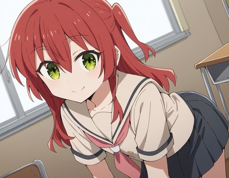 score_9, score_8_up, score_7_up, source_anime,
kitaikuyo, <lora:ikuyo-kita-s1-ponyxl-lora-nochekaiser:1>,
ikuyo kita, green eyes, hair between eyes, long hair, one side up, red hair,
black skirt, grey sailor collar, pleated skirt, sailor collar, school uniform, short sleeves, shuka high school uniform, skirt,
indoors, classroom, bent over, smile,
cowboy shot, solo, dutch angle, looking at viewer,