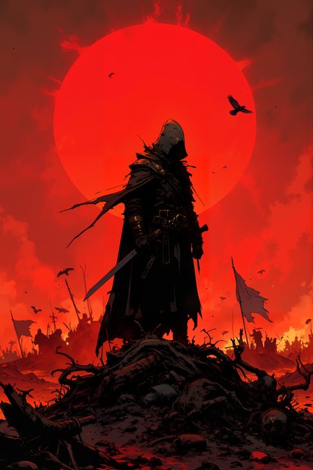 On the edge of a desolate battlefield, a lone figure stands, cloaked in black, his silhouette stark against the backdrop of a blood-red sunset. His face is hidden beneath a dark hood, but the faint gleam of steel catches the dying light where a sword rests at his hip. The earth beneath him is scorched and littered with the remnants of warâbroken weapons, charred banners, and the bodies of the fallenâbut the stranger remains untouched, standing like a solitary sentinel among the ruins. His presence is an anomaly, silent and still in a place that had moments ago been filled with the screams of battle. The wind howls across the plains, carrying with it the acrid scent of smoke and ash, but the figure seems unaffected, unmoved by the devastation around him. His hands, hidden in the folds of his cloak, seem relaxed, yet there is an unmistakable air of power and purpose in the way he stands. The crows that circle overhead seem to avoid him, their cries distant and mournful as they search for easier prey. The air around the stranger hums faintly, as though the battlefield itself recognizes an intruder who does not belong to this world. , detailed background  Fantastic lighting. Detailed shadows.intricate details, vivid colors, hyper-detailed, ultra-sharp, <lora:Ev_Ganin:0.4><lora:Vintage comic book:0.4><lora:RetroAnimeFluxV1:0.15><lora:Greg_Capullo_style:0.4><lora:jeanClaude_Mzires_Style_FLUX-000001:0.4><lora:Flux_Ink_Anime:0.4>