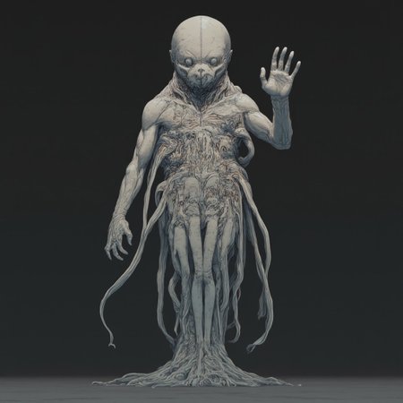 ff-comic, MikeFranchinastyle, d4artstyle, d4concept, , bbstyle,, horror theme, zbrush, ZBClay model of a gray sculpture
Set against a solid dark color background to emphasize its unsettling unnatural form that emphasizes its silhouette. The medium is not a traditional painting or illustrative medium like watercolor or ink but rather a digital 3D rendering.
A sea fish  monster