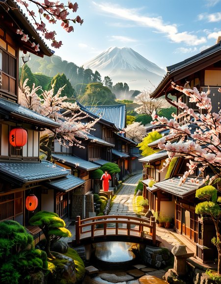 A picturesque traditional Japanese village nestled in a serene valley, surrounded by lush green mountains under a soft morning mist. The village consists of wooden houses with thatched roofs (gassho-zukuri style), showcasing intricate wooden details and sliding paper doors. A narrow stone-paved path winds through the village, leading to a small red torii gate at the entrance of a Shinto shrine. Cherry blossoms in full bloom line the streets, their pink petals gently falling in the breeze. A tranquil river flows through the village, crossed by an old wooden bridge with moss-covered stones. Villagers in traditional kimonos and straw hats go about their daily livesâan elderly man sweeping his porch, a woman carrying a basket of fresh produce, and children playing near a koi pond. The atmosphere is peaceful and nostalgic, with warm sunlight filtering through the trees, casting dappled shadows on the ground. The scene is rich in traditional Japanese aesthetics, evoking a sense of harmony and timeless beauty.
<lora:SDXLFaeTastic2400:0.4> <lora:extremely_detailed:0.4> extremely detailed,<lora:traditional_Japanese_v1ll4g3:1>,traditional Japanese v1ll4g3, Masterpiece,best quality,hi res,8k,hi res,8k,award winning,(sharp focus, intricate, highly detailed),