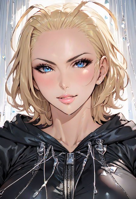 (masterpiece)), ((best quality)), (ultra-detailed), HDR, shapes, beautiful face, looking at viewer, solo, close-up, seductive smile, 1girl, ,(mature female, older,), milf, motherly, wide hips, curvy, lips, upper body, solo,  larxene, blue eyes, blonde hair, short hair, antenna hair, black coat, draw strings, hood down