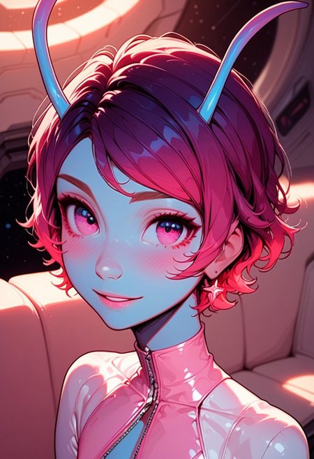 1boy,
 zazo_style, masterpiece, best quality, highly detailed, score_9, score_8_up, score_7_up,  source_cartoon, eye_focus, close-up, solo, looking_at_viewer,
 otoko no ko, 18 years old, (tiny breasts), (petite body), cute, pretty kawaii femboy, (short), ((blue skin)), (blue antennae), pink eyes, pink hair, shoulder-length hair, perfect figure, light_pink latex, pink latex pencil dress, (cutout dress, circular cutouts), back zipper, high heels, white thighhighs, garter straps, thick thighs, wide hips,
  seductive smile, 
 spacecraft, spacecraft interior, view of space, stars,
 dynamic light, blue light, vibrant colors cool_colors, soft focus, high contrast, textured surfaces, depth of field, dramatic shadows, rich details, cinematic composition