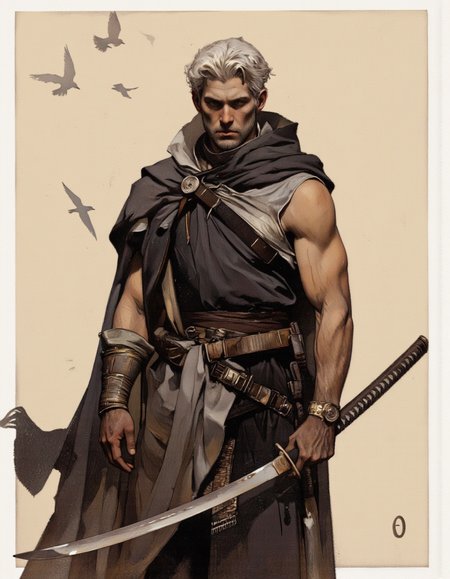Art by Jeffrey Catherine Jones. A realistic digital painting of a muscular, white-haired man standing confidently in the middle of the image, wearing a black, sleeveless cloak and holding a katana in both hands. the man appears to be in his mid-twenties, with a serious expression on his face. he is standing in a plain, beige background with a few birds flying in the distance, adding a sense of movement to the scene. the artwork is signed "e" in the bottom right corner, indicating that it is an artist's signature.